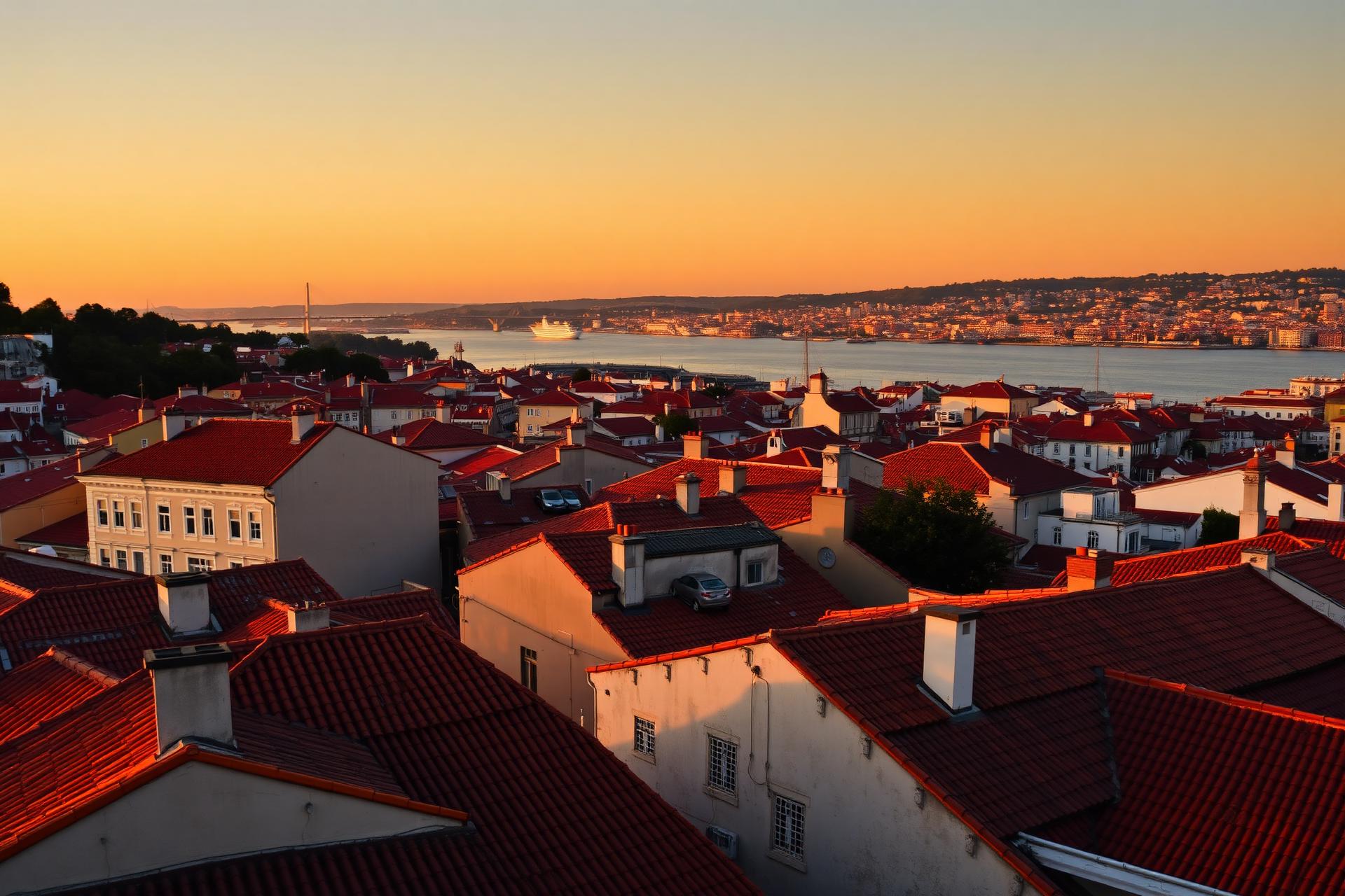 Vista aérea de Lisboa ao pôr-do-sol — telhados terracota e rio Tejo